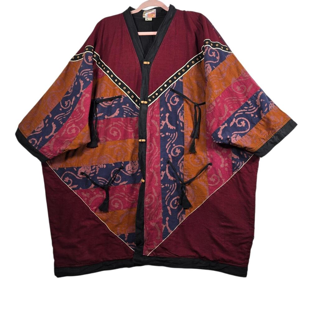 Vintage Kisura Designs Kimono Jacket Womens OSFM Purple Batik India Duster 90s